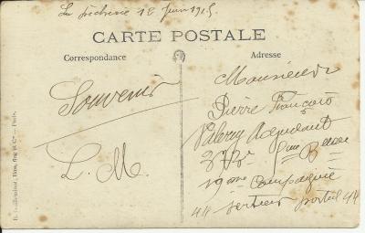 12 juin 1915 - Carte adressée à Pierre-François Valery - Signée LM